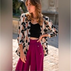 Bohme Jayden Abstract Print Ruched 3/4 Sleeve Open Front Blazer Small